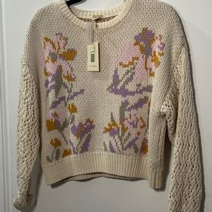 Magaschoni Cream Floral Knit Sweater 100% Cotton